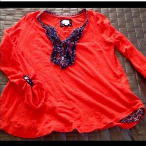 Red and Blue Embellished Anthropologie Henley