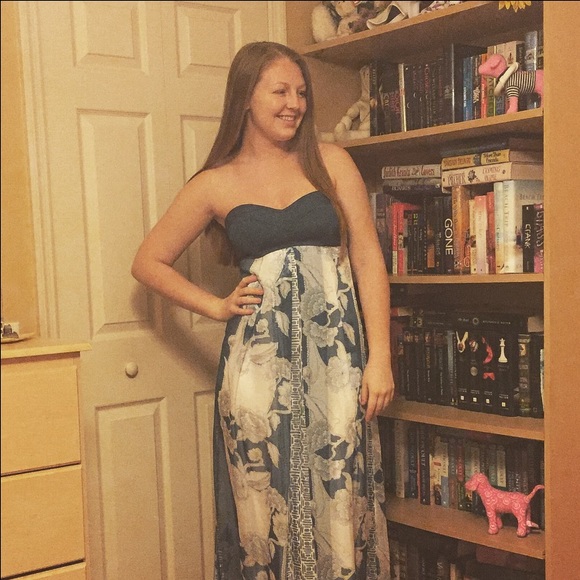 Blue and white flowing dress by Charlotte Russe.