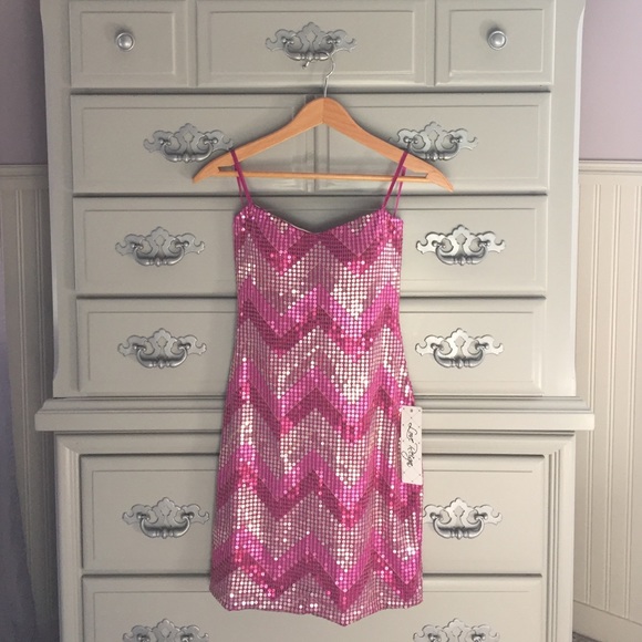 Hot pink and silver sequin strapless party dress