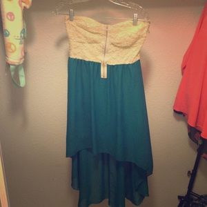 High low tan lace and turquoise dress