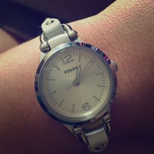 Women's fossil watch with white leather band