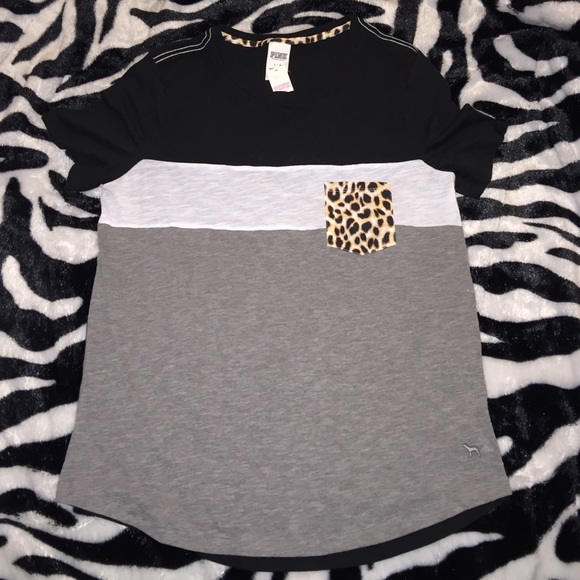 VS PINK Leopard Pocket Color Block Tee Shirt