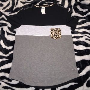VS PINK Leopard Pocket Color Block Tee Shirt