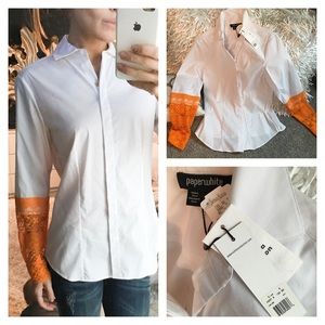 Paperwhite Orange Lace Sleeve White Button Up 6