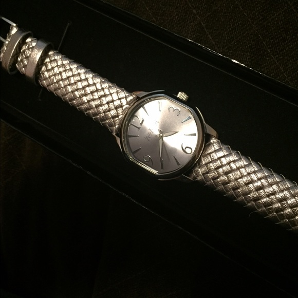 John rivers metallic woven silver watch