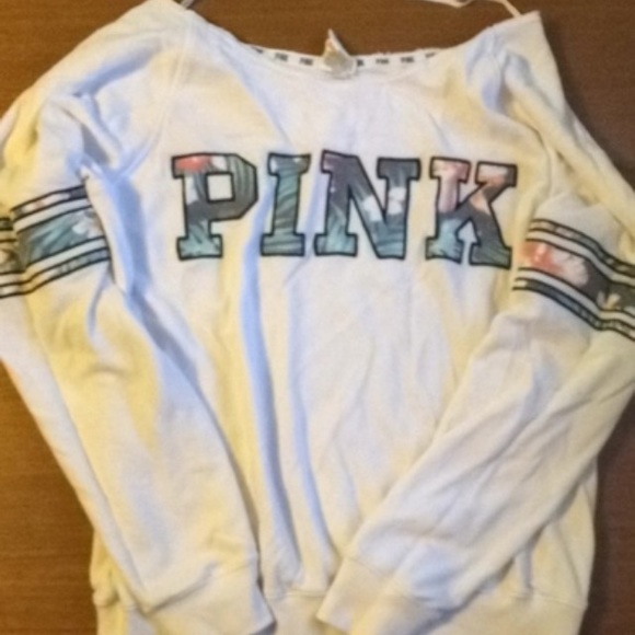 VS PINK White scoop crew neck with flower detail