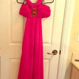 Fuscia pink prom dress with halter with open back