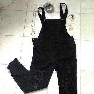 Ripped/Distressed Black Denim Overall