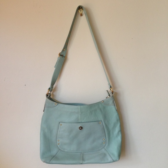 Stone mnt. Leather mint shoulder purse w key clip!