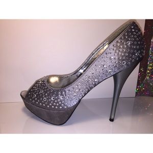 Silver rhinestone heels