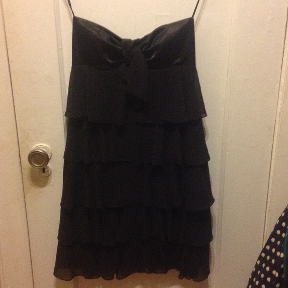 Strapless black ruffled cocktail dress