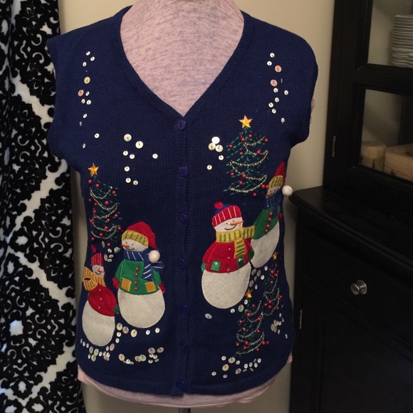 Blue, medium, holiday button down sweater vest