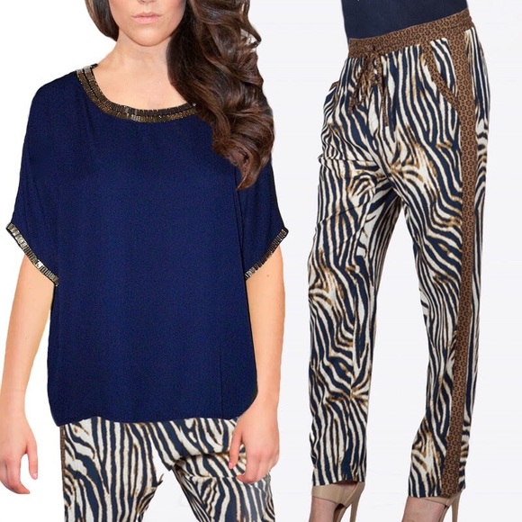 Blue & Brown Animal Print Pants