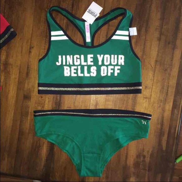 NWT VS PINK Set "Jingle Bells" Green Bra Panty M/L