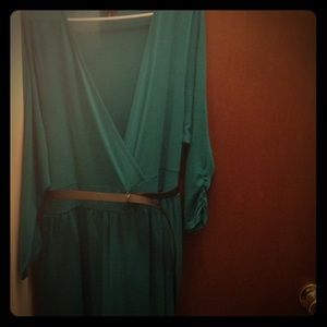 Teal blue faux wrap dress with belt