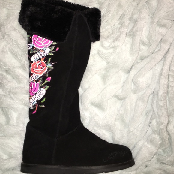Authentic Ed Hardy Tall Black Boots w/ design 10