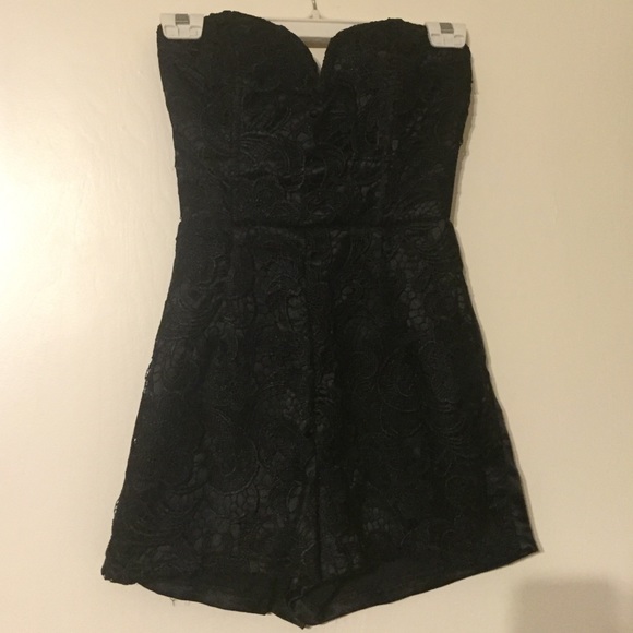 Strapless black lace romper