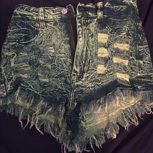 High waist acid wash denim shorts