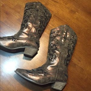 Chocolate brown cowboy boots with sequin inlay