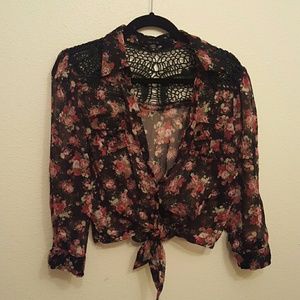 Floral print sheer and crochet tie front blouse