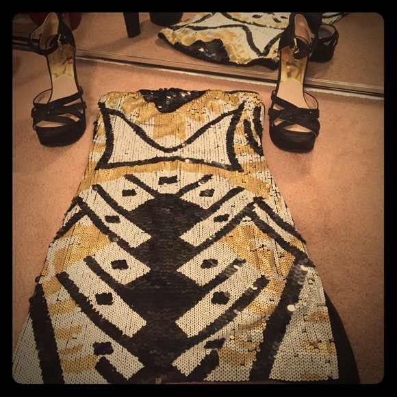 Sequined tube top mini dress club Aztec tribal