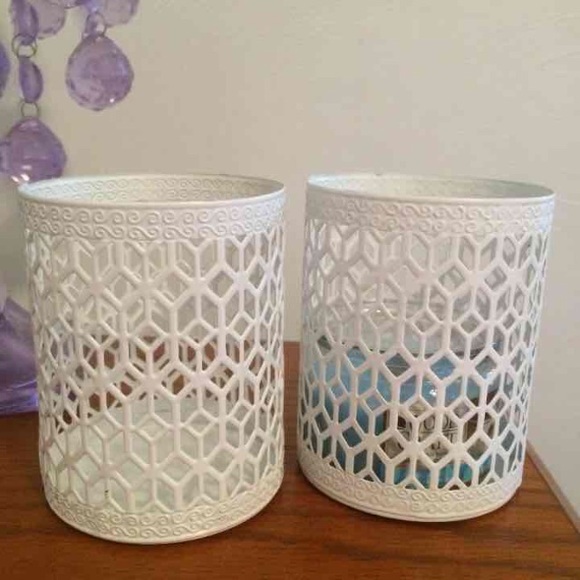 2 Decorative White Metal Candle Holders New!