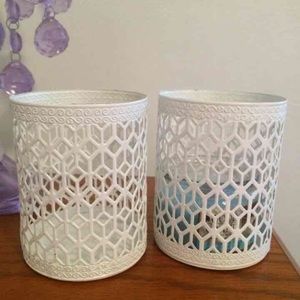 2 Decorative White Metal Candle Holders New!