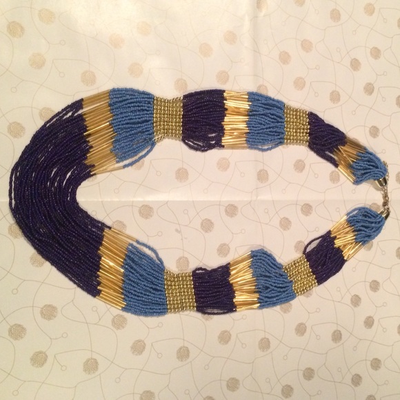 28" long blue, purple and gold bead necklace