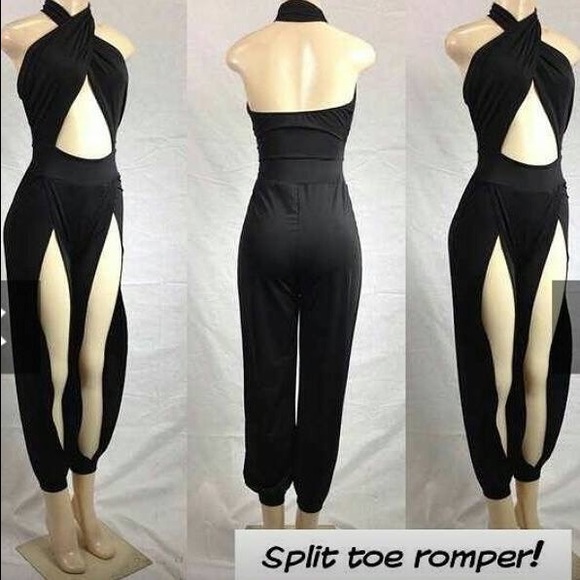 Black semi-stretchy split front romper