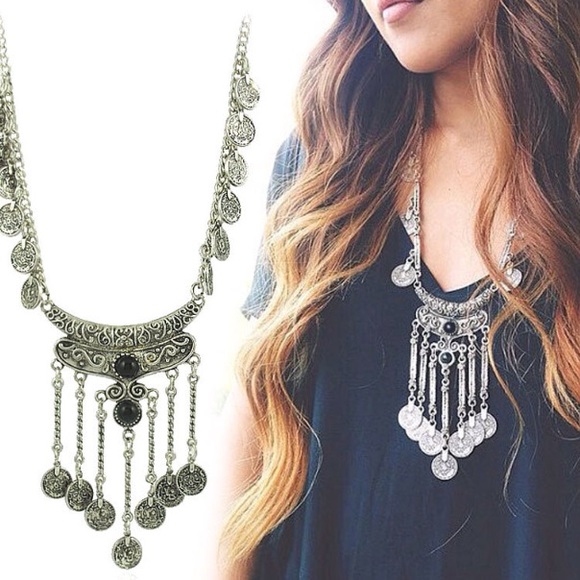 Antique Silver Color Tibetan Long Coins Necklace