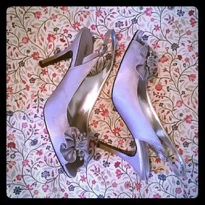 Lulu Townsend Pearl Gray Satin Jeweled Pumps