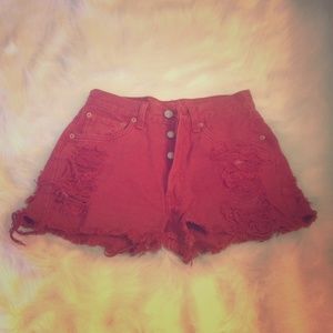 Levi's Distressed Red Jean Shorts High-waisted