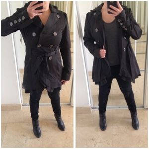 Black Guess Trench Coat With Ruffle Detail
