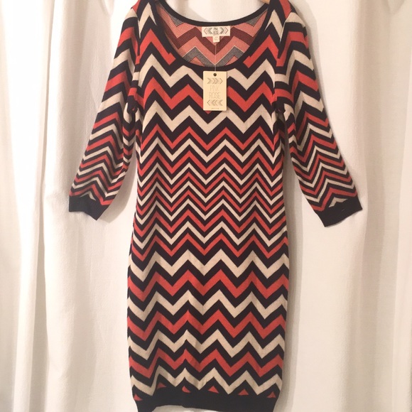 Pink rose orange/navy/oatmeal sweater dress