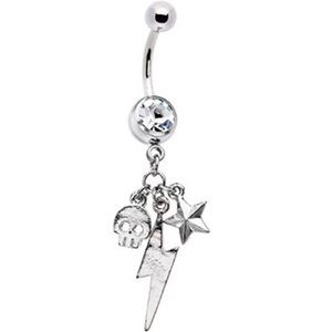 Lightening Bolt Star and Skull Belly Ring