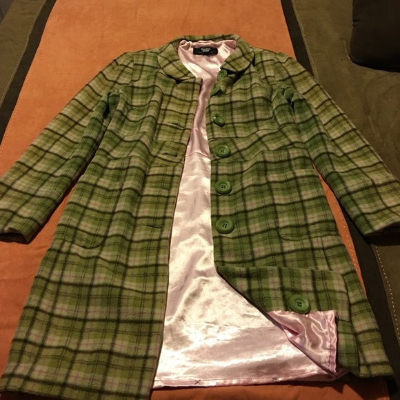 Long Green & Pink Plaid Pea Coat