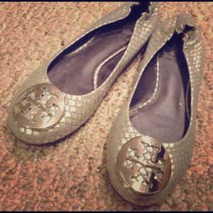 Tory Burch silver snakeskin pattern flats