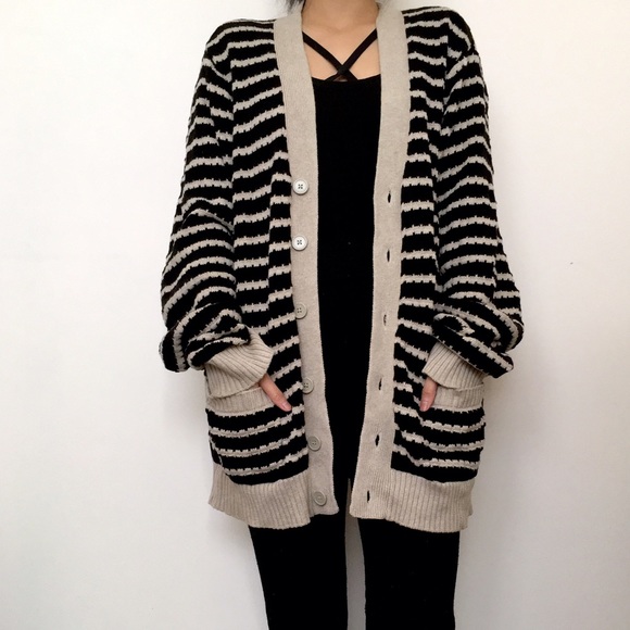 Oversized black and beige striped cardigan