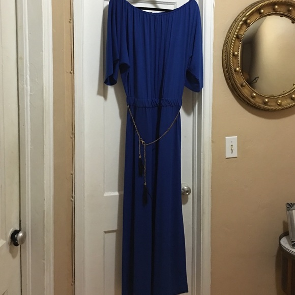 Off the Shoulder Jumpsuit in Blue, large with belt