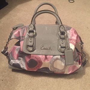 Pink and gray coach purse