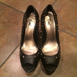 Gold Studded Black Peep Toe Heels