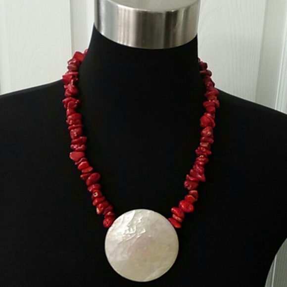 Vintage Red Coral and Mother Pearl Necklace