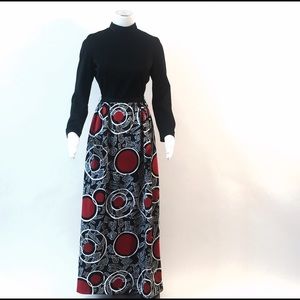 Vintage long black, red and white graphic dress, S