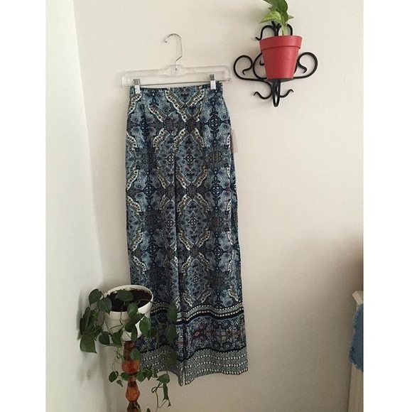 Blue Multi-Patterned Bell-Bottom Pants - Picture 1 of 1