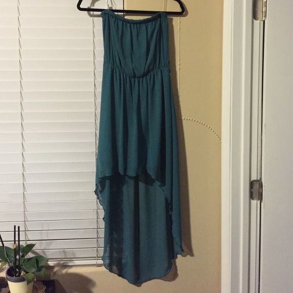 Teal colored high-low tube top dress
