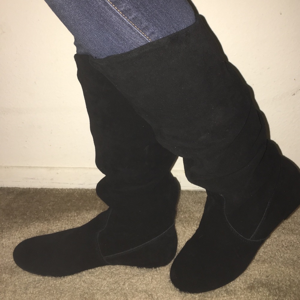 Black Suede Knee-High Flat Boots