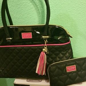 Betsy Johnson black and pink faux leather handbag
