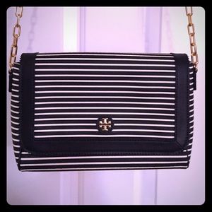 Navy and white striped Tory Burch crossbody bag