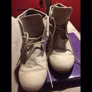 Beige Canvas Wedge Booties