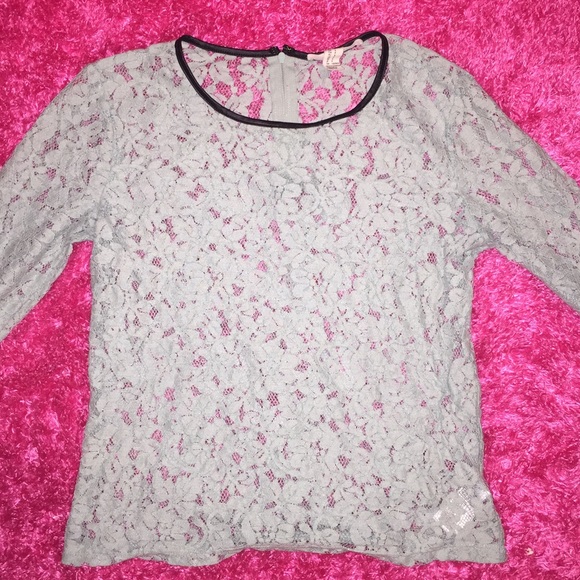 Lace top with faux leather collar trim